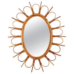 Used Rattan Oval Sunburst Flower Mirror from France, 1960s