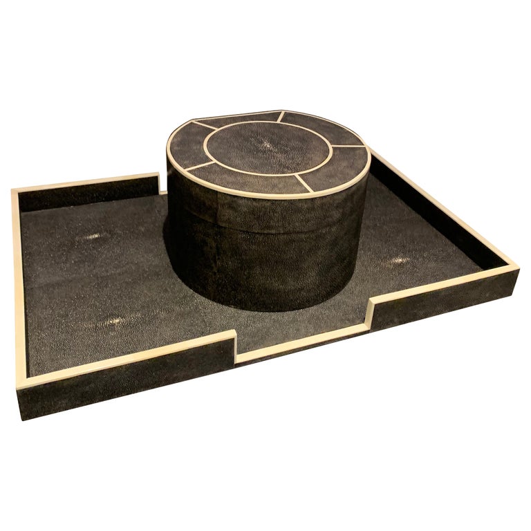 Decorative, Polished Black Shagreen and Bone Trinket Box and Tray Set