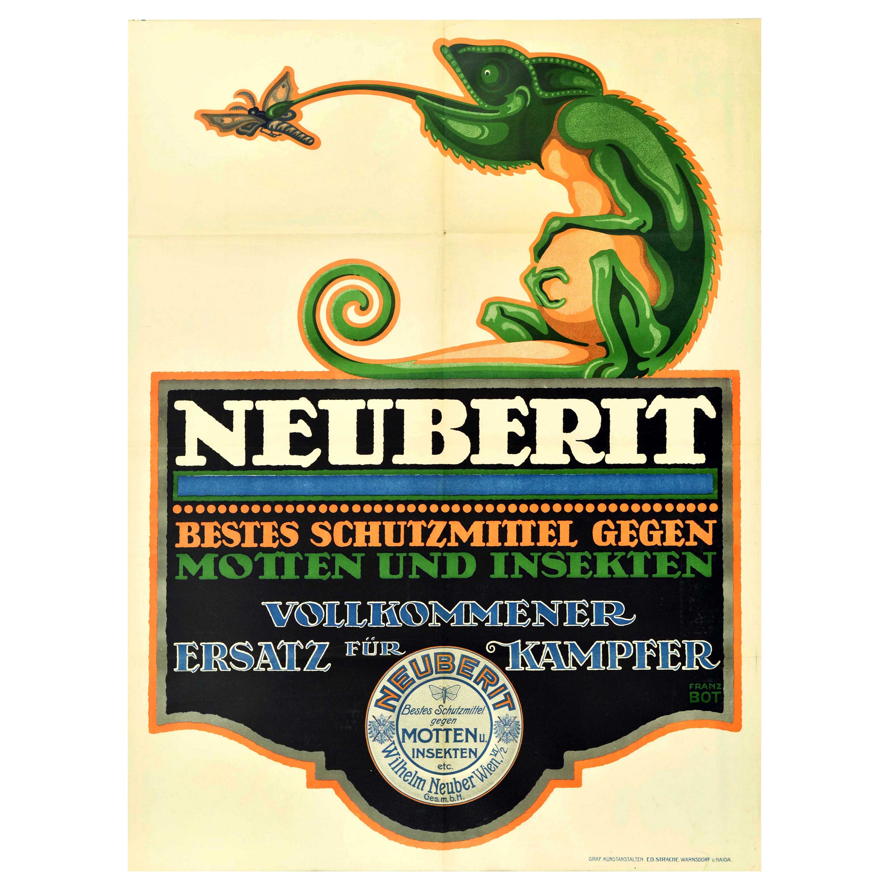 Original Antique Poster Neuberit Moth Insect Repellent Chameleon Design Insekten For Sale