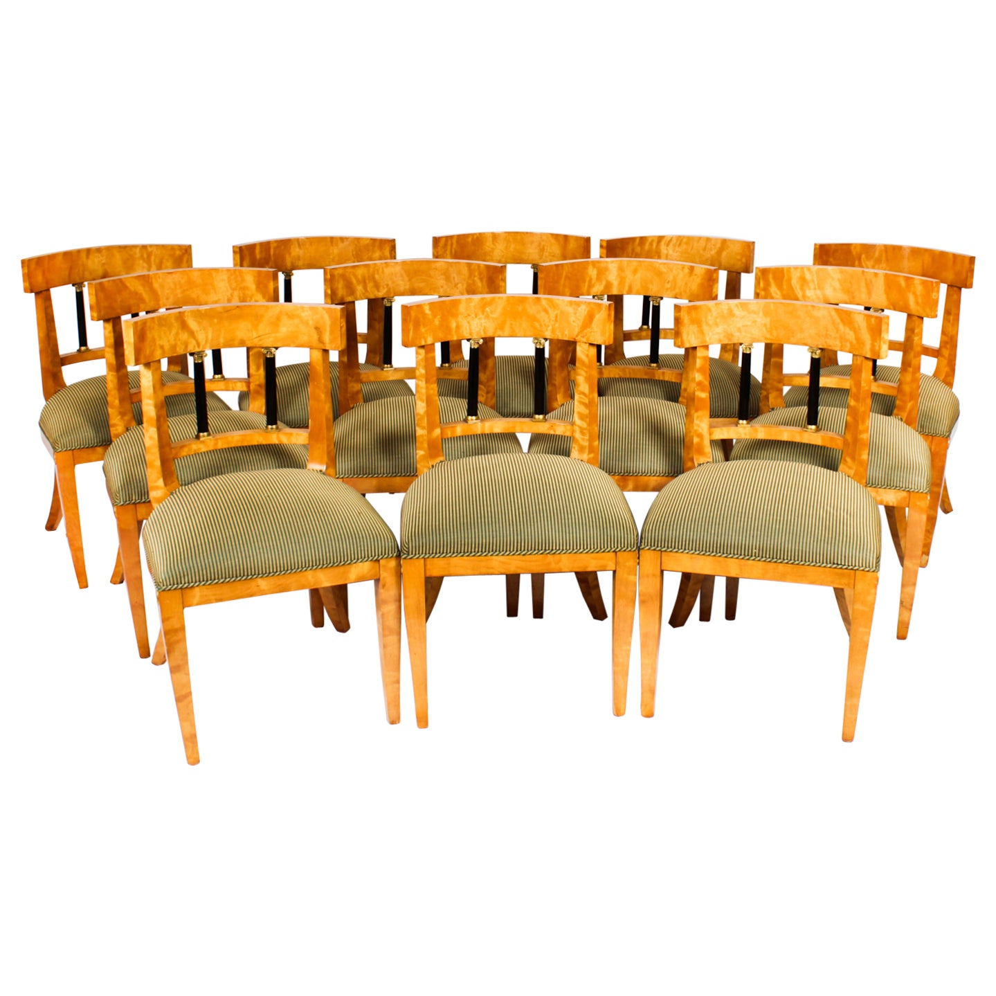 Antique Set 12 Chaises de salle à manger Biedermeier suédoises en bouleau 19ème siècle