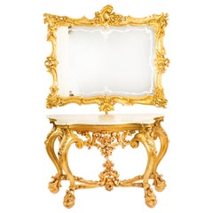 Antique Italian Rococo Revival Carved Giltwood Console & Mirror 19th Century