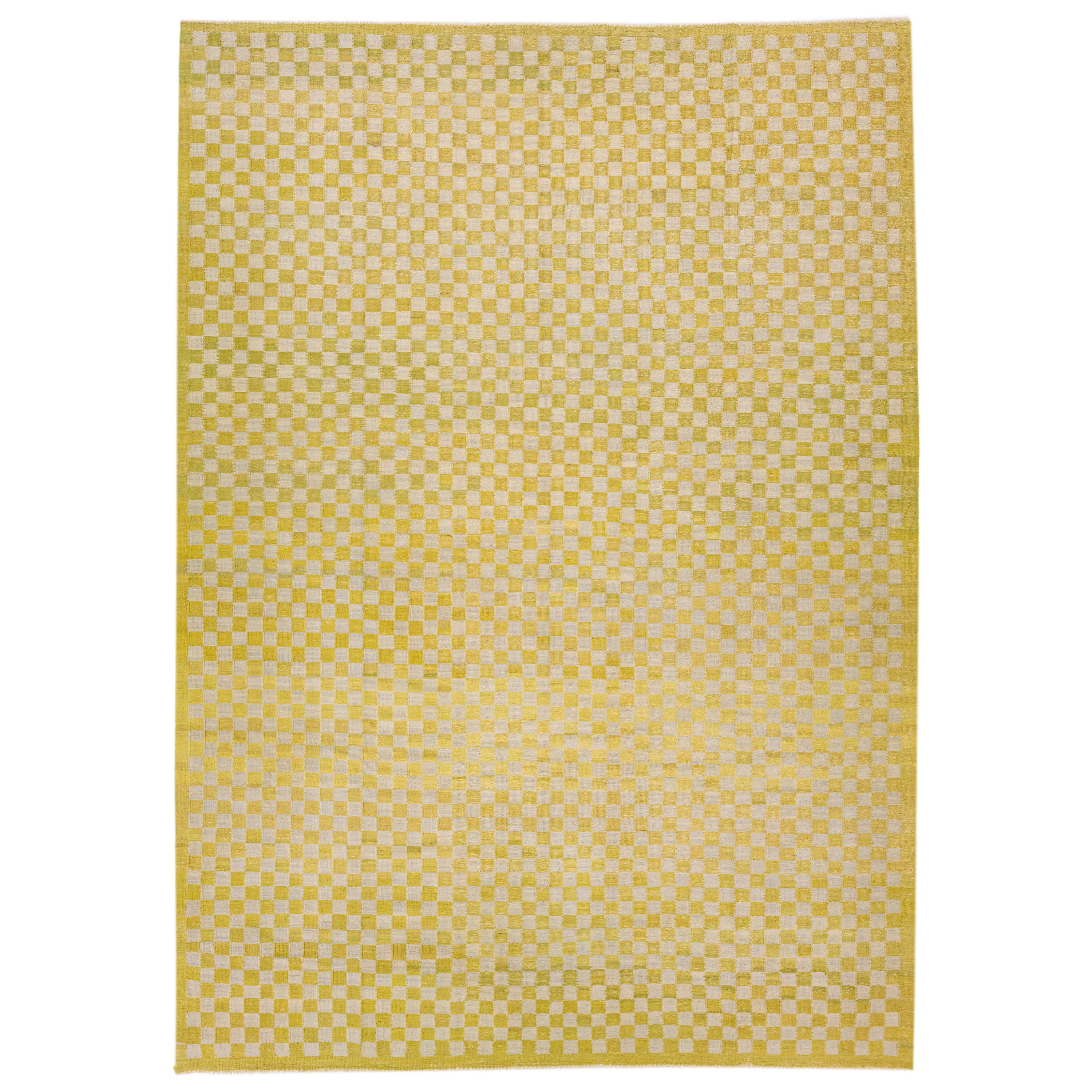 Vintage Kilim Yellow Handmade Wool Rug with Checker Motif