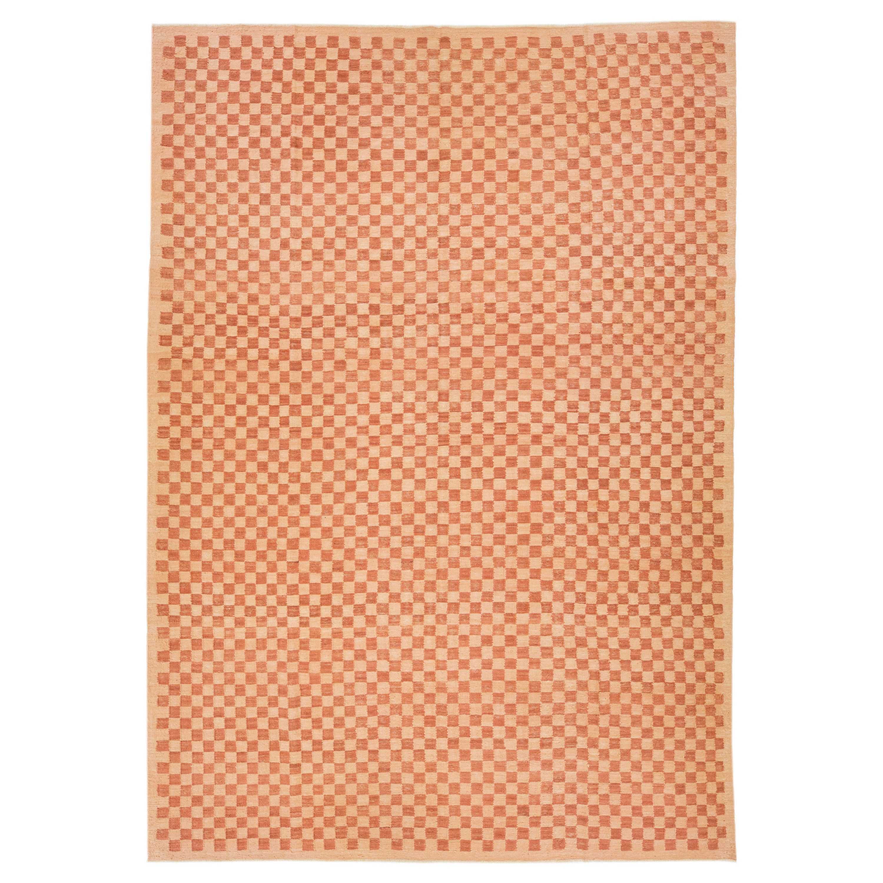 Orange Modern Kilim Handmade Wool Rug With Checker Design For Sale