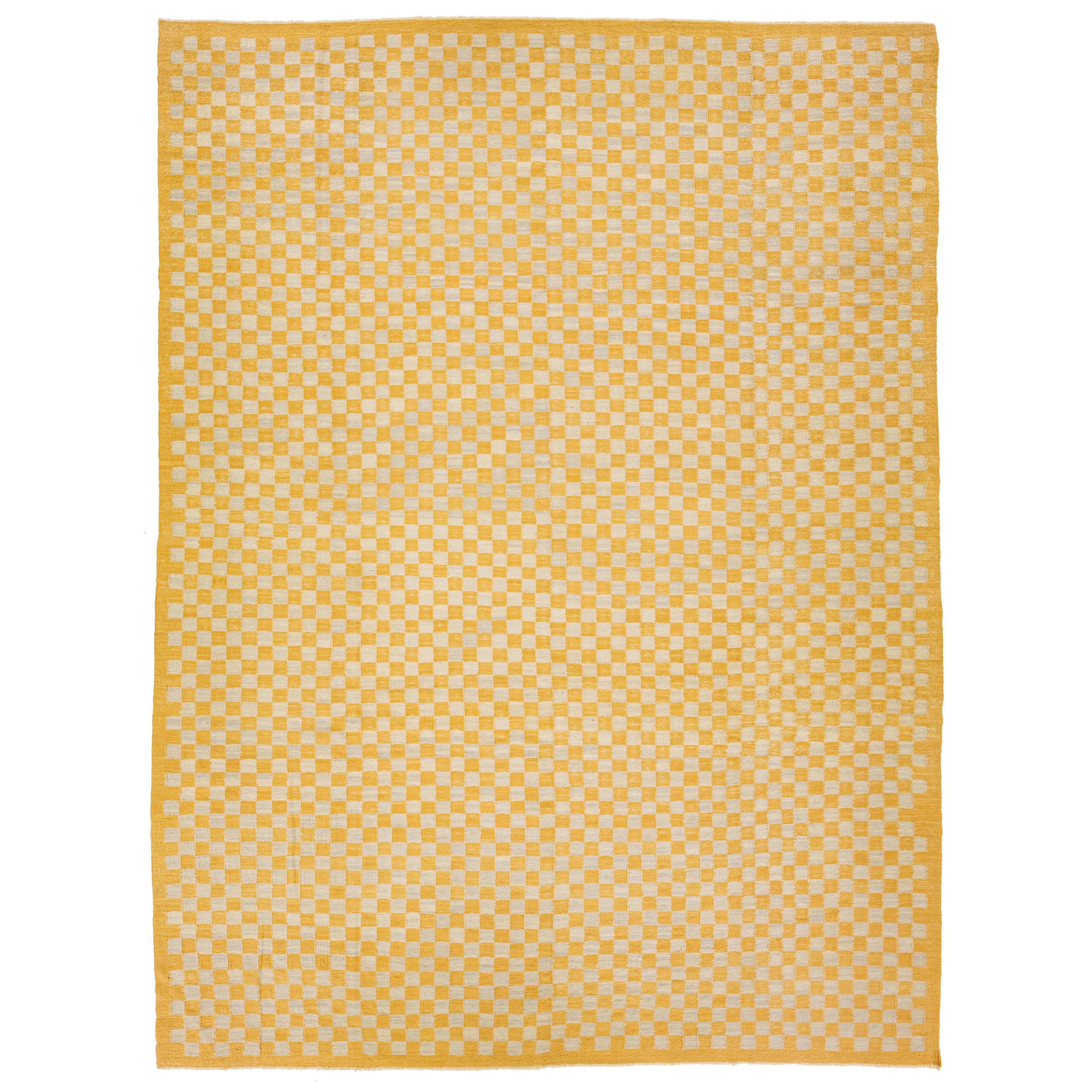Vintage Kilim Handmade Wool Rug With a Goldenrod Checker Pattern