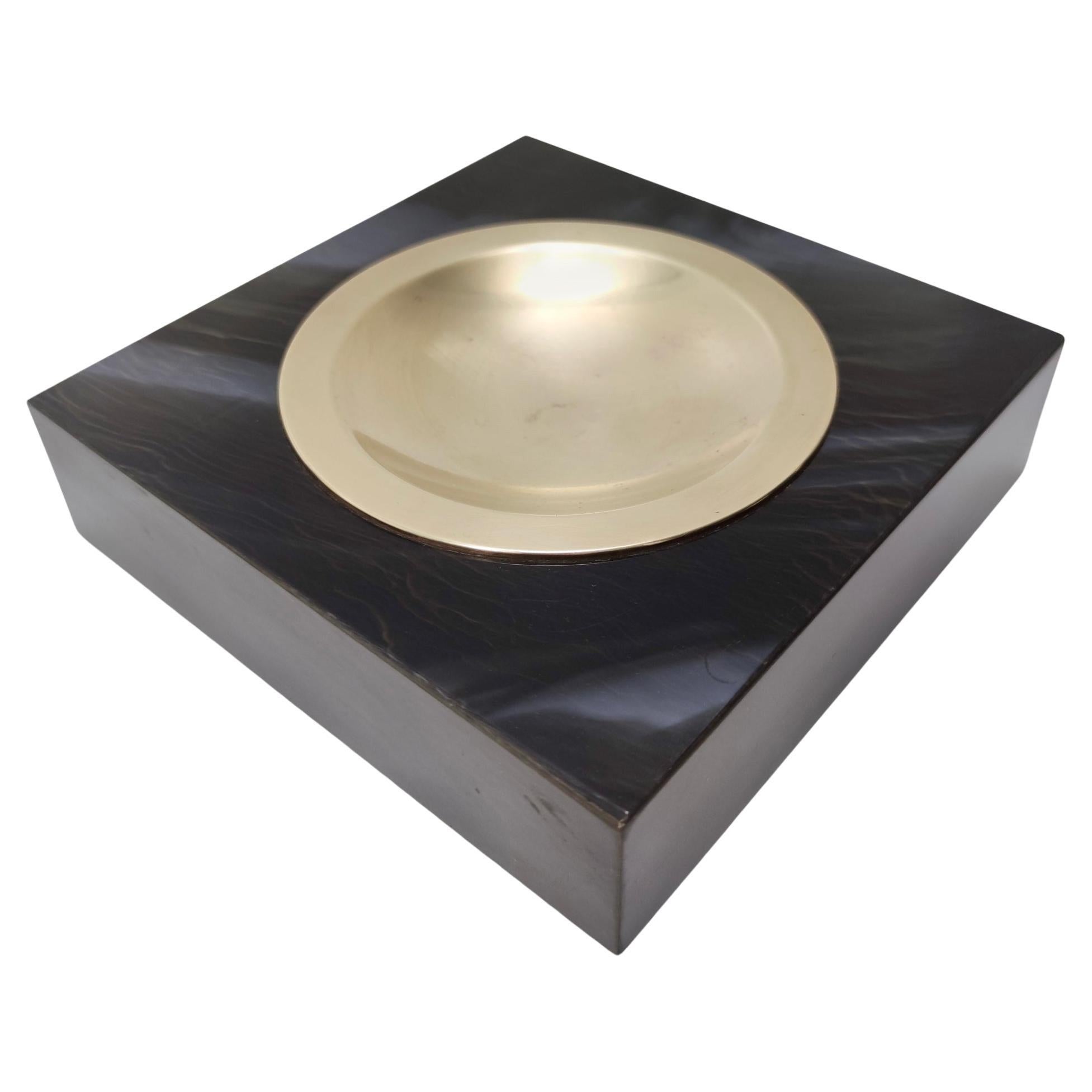 Postmodern Square Brass and Faux Black Marble Ashtray by Willy Rizzo, Italy For Sale