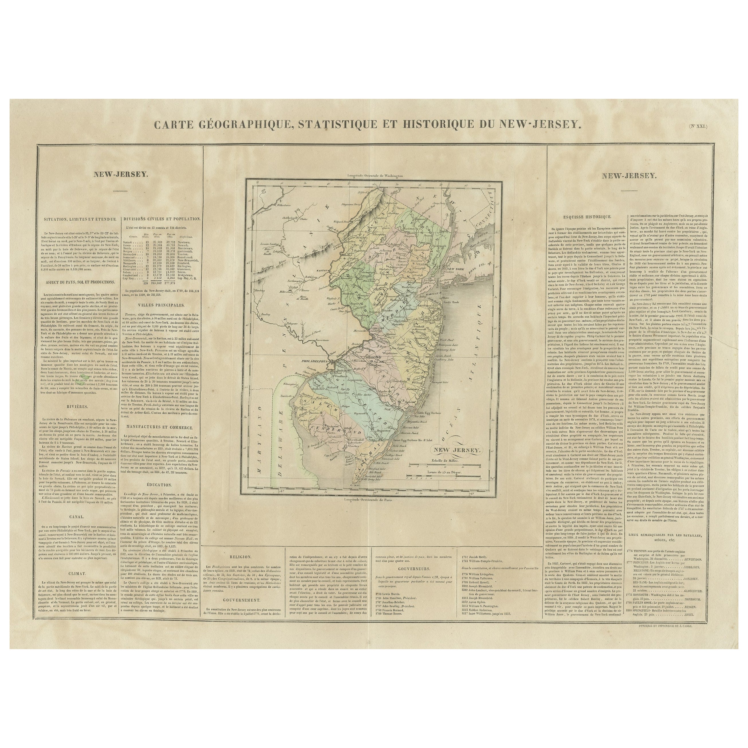 Original Antique Map of the State of New Jersey Published in France For Sale