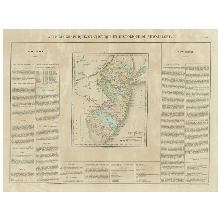Original Antique Map of the State of New Jersey Published in France For ...