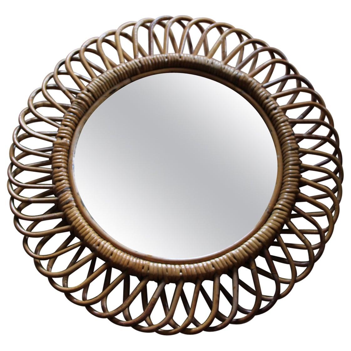 1960s Rattan and Bamboo Round Wall Mirror by Franco Albini For Sale