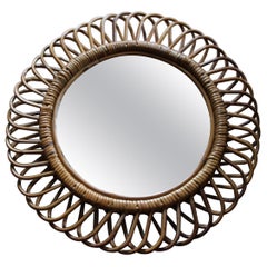 1960s Rattan and Bamboo Round Wall Mirror by Franco Albini