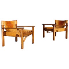Karin Mobring fauteuils de salon en cuir de selle et pin 'Natura' pour IKEA, vers 1970