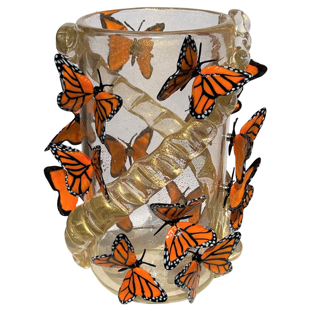 Costantini Diego Modern Echtes Gold Made Murano Glass Vase mit Schmetterlingen im Angebot