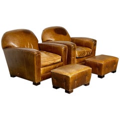 Retro Pair of Large Art Deco Distressed Leather French Club / Lounge Chairs