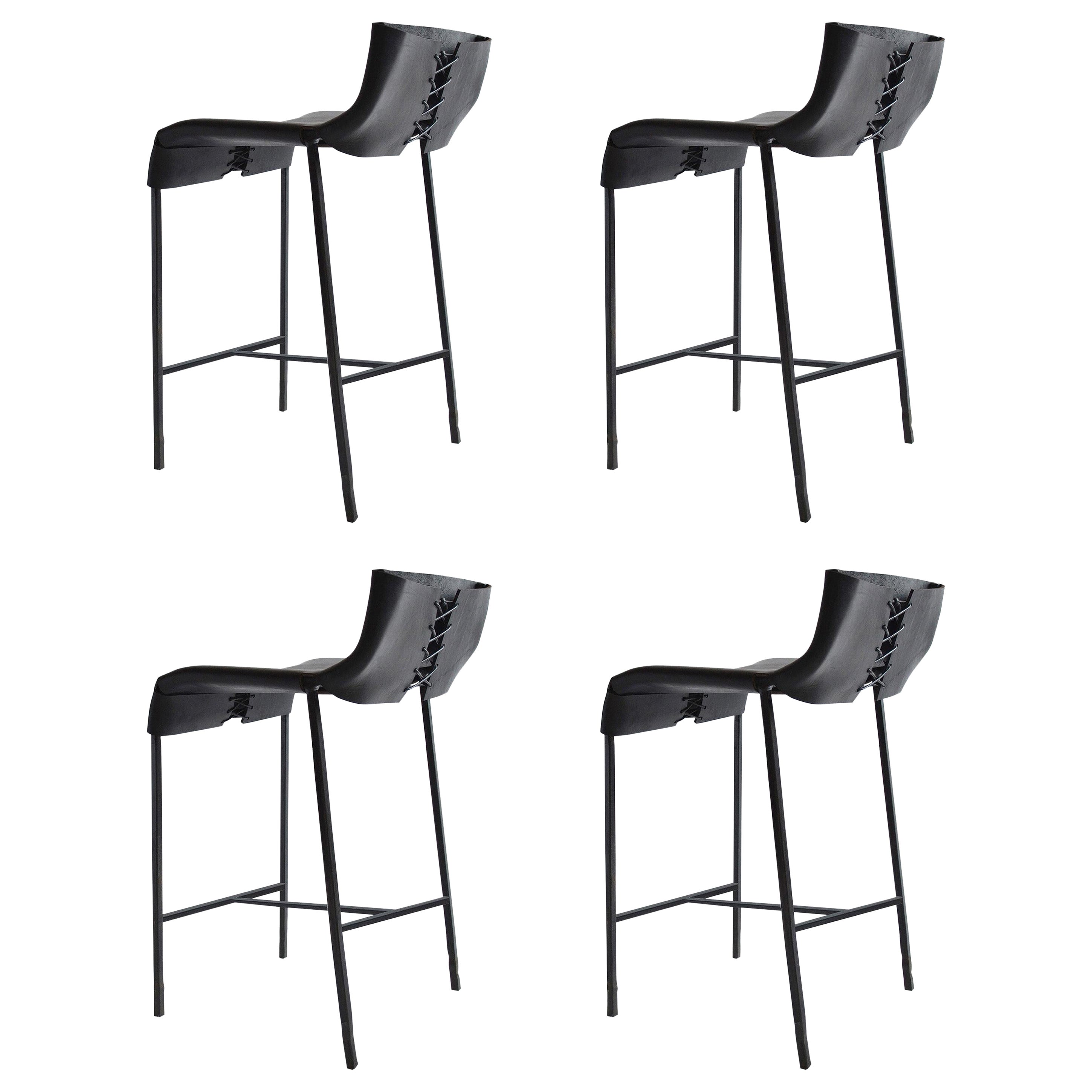 A Pair of Counter Stools - Blackened Steel and Leather