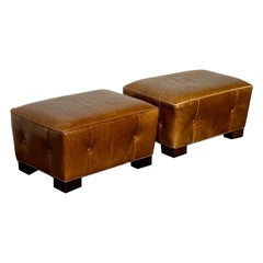 Rare Pair French Art Deco Style Leather Ottomans, Low Stools, Distressed