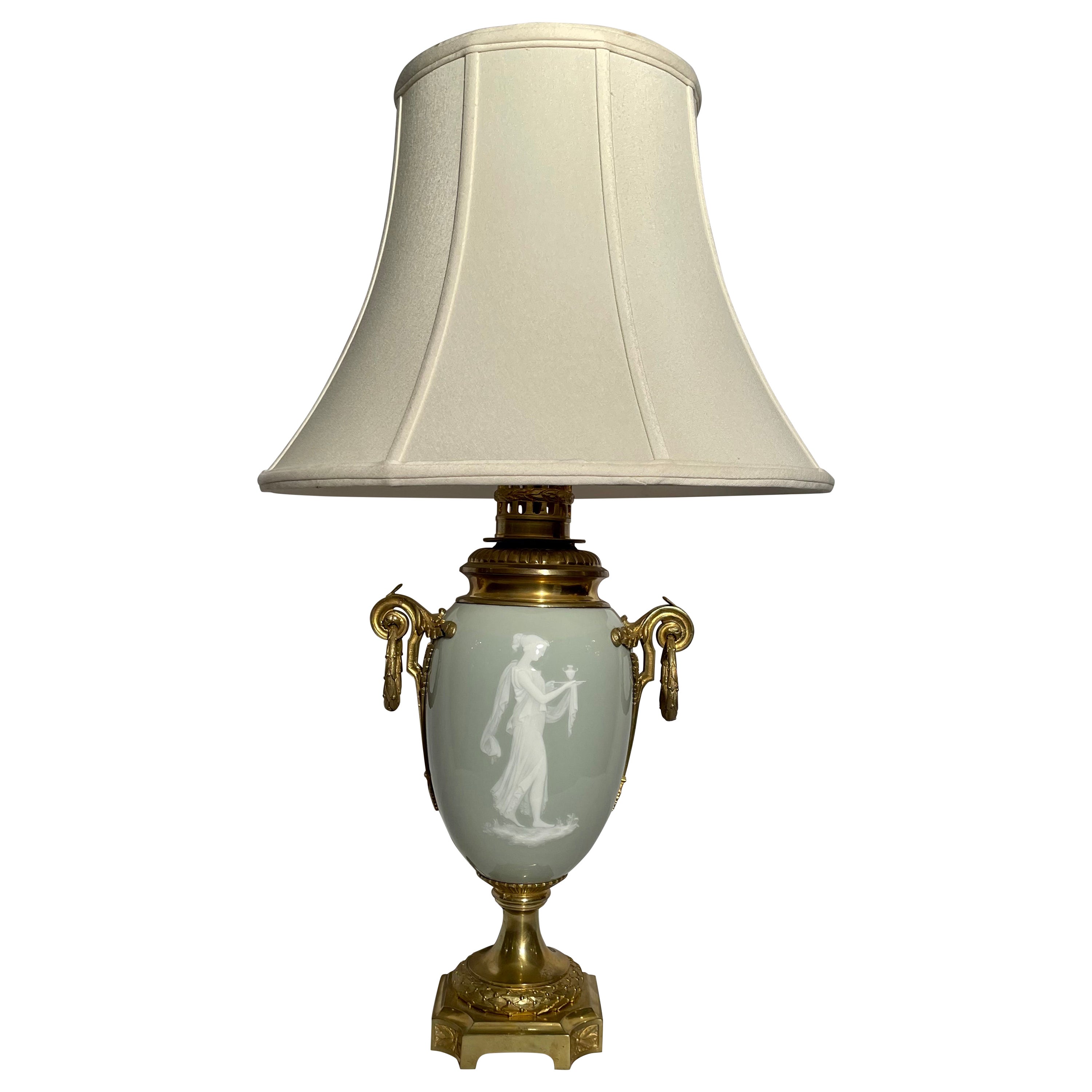 Antique 19th Century French Celadon "Pate Sur Pate" Porcelain & Gold Bronze Lamp For Sale