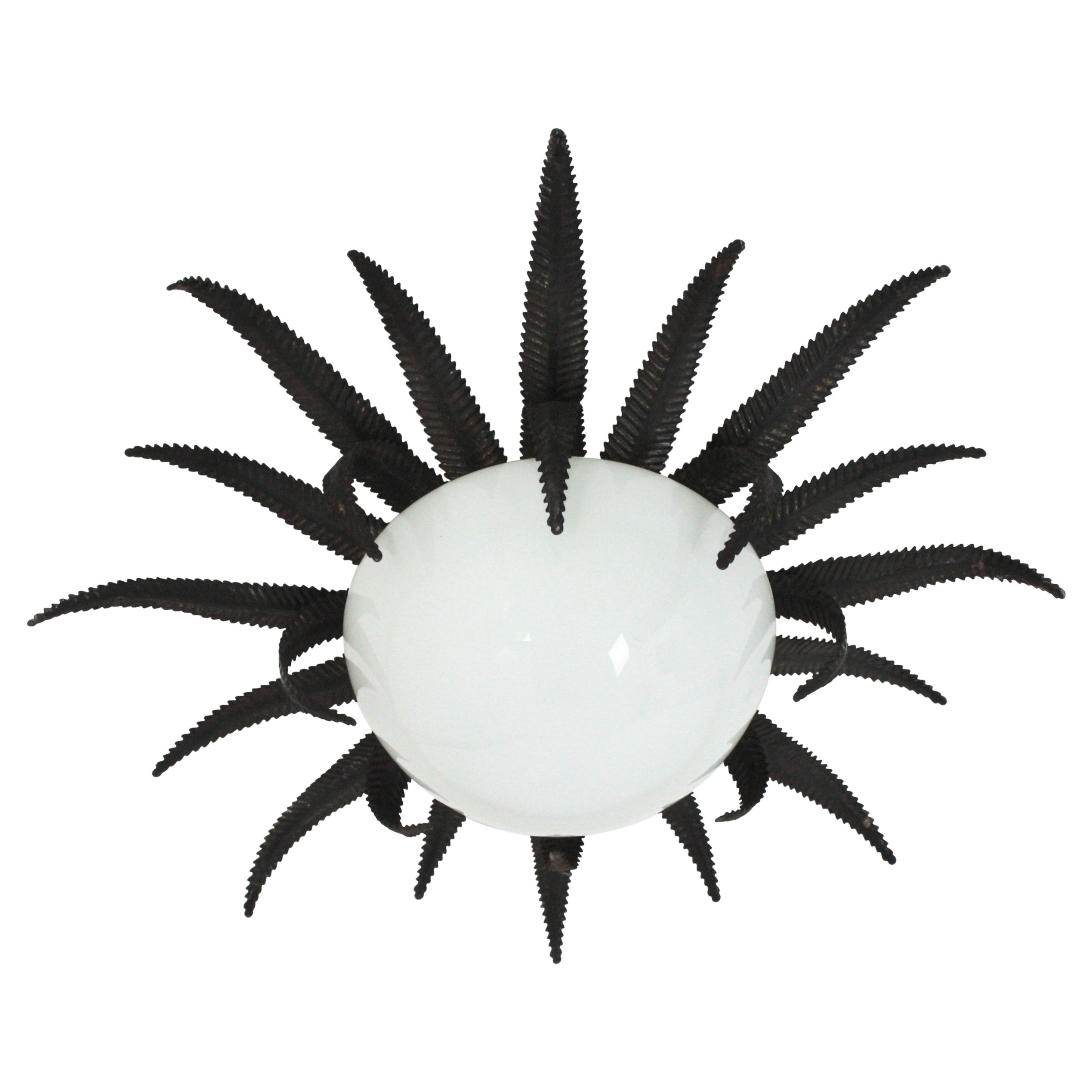 French Sunburst Starburst Light Fixture, Black Metal and Milk Glass For Sale