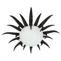French Sunburst Starburst Light Fixture, Black Metal and Milk Glass