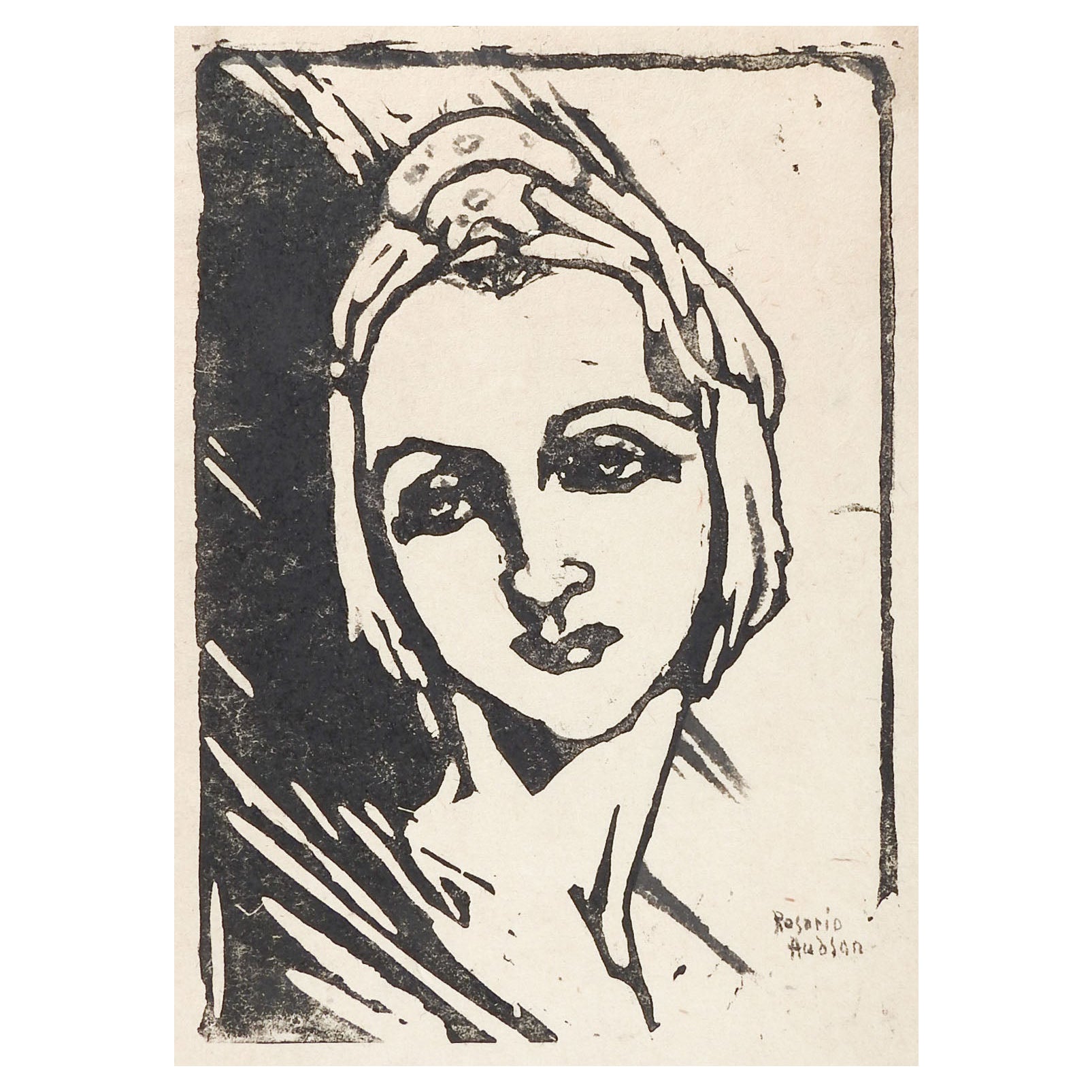 Vintage 1930's Portrait of Woman Block Print For Sale