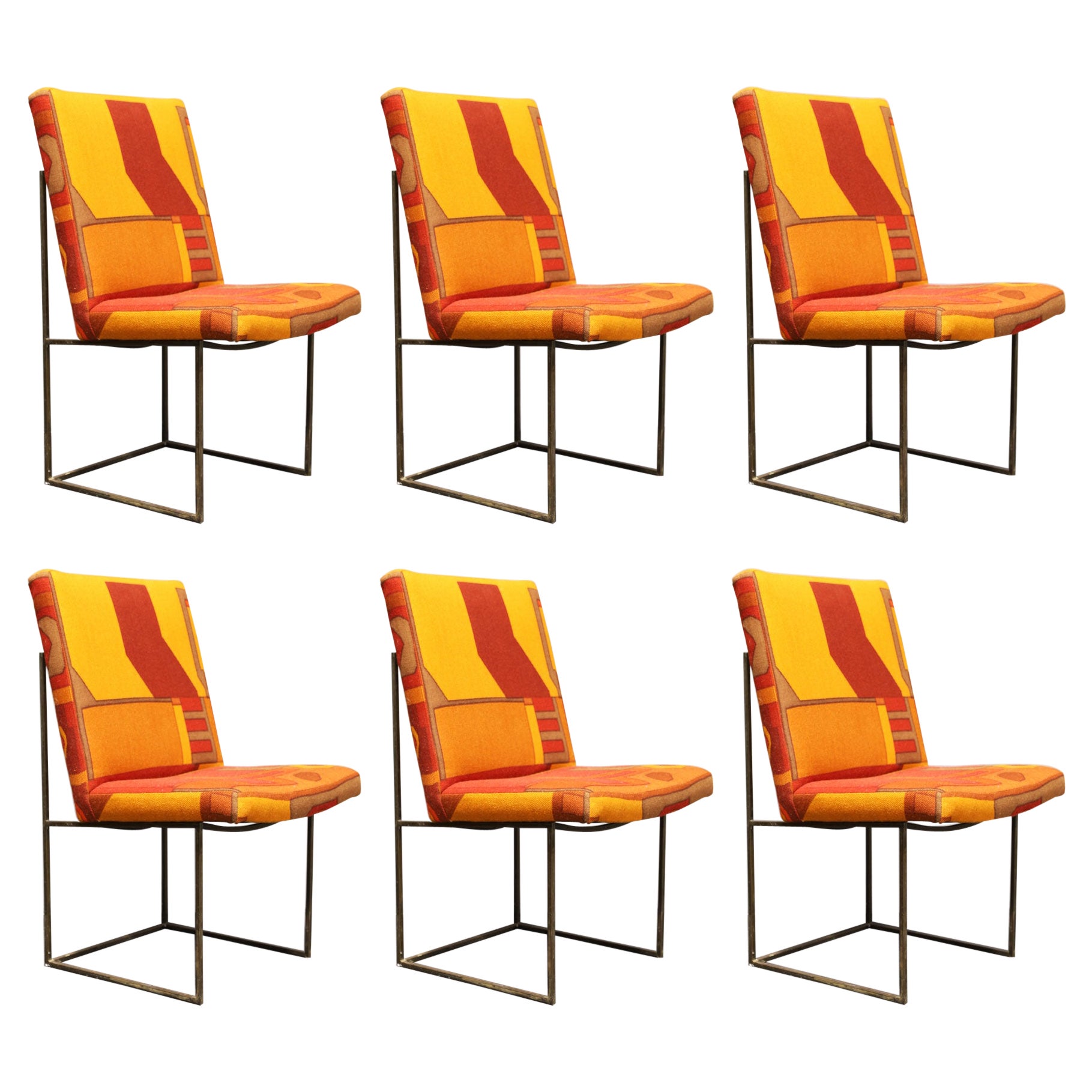 Milo Baughman Bronze Thin Frame Chairs in Jack Lenor Larsen Upholstery