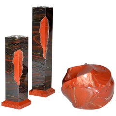 Karl Springer Red Jasper and Tiger Eye Box and Candle Holders 1980's