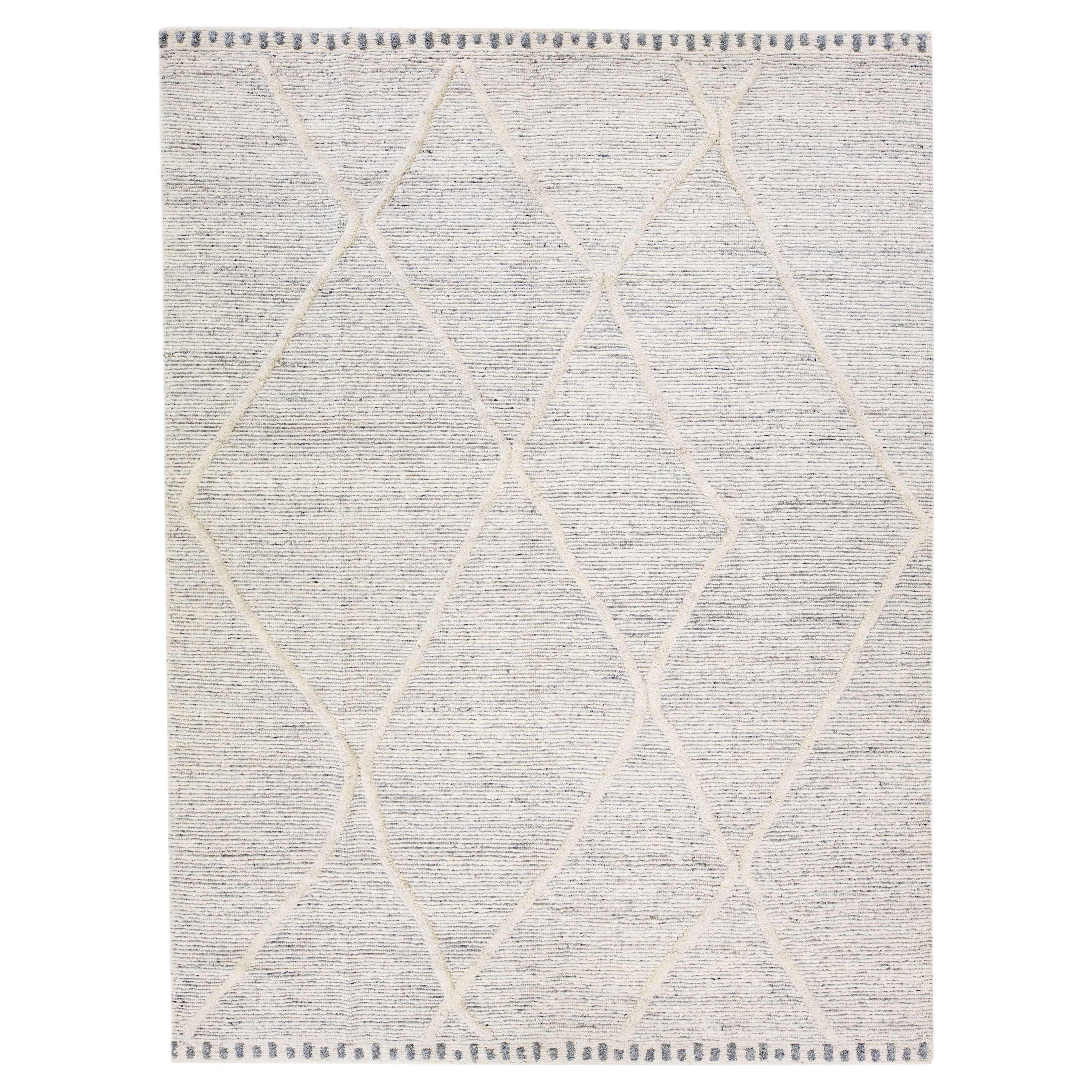 Modern Moroccan Style Ivory Handmade Wool Rug with a Tribal Motif