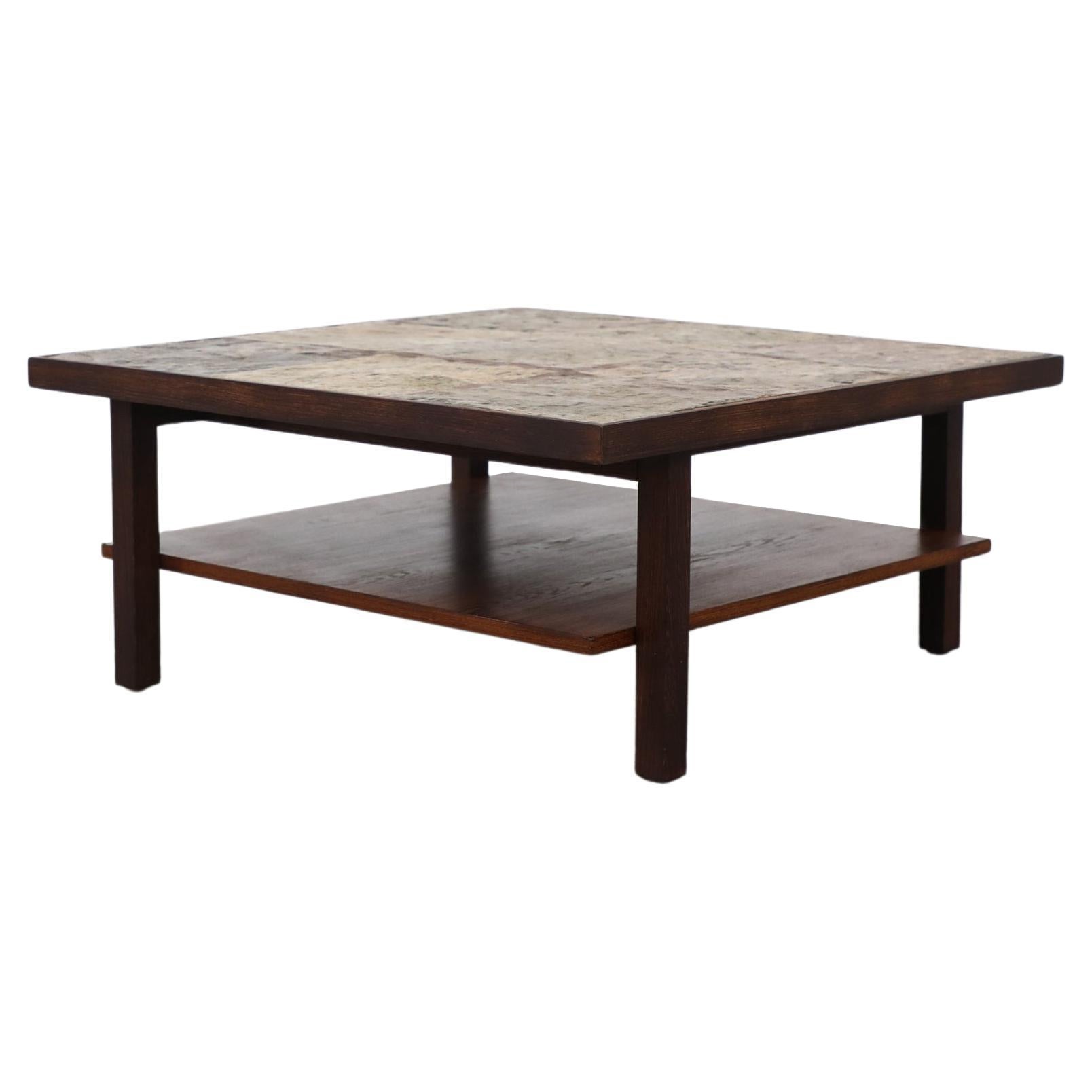 Mid-Century Modern Brutalist Wood Framed Stone Topped Coffee Table with Shelf For Sale