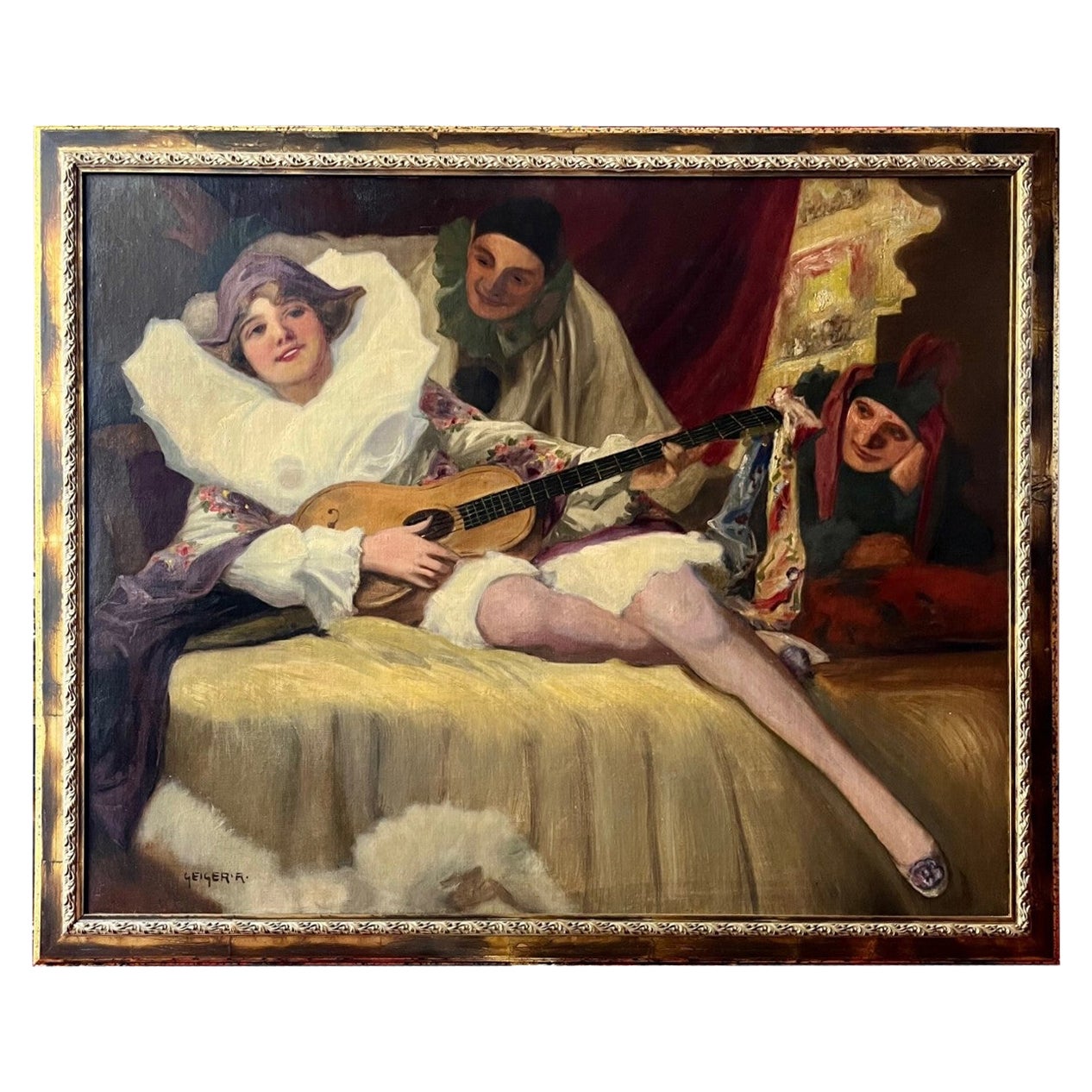 Richard Geiger Large Oil on Canvas Master Painting Scene, Commedia Dell’arte For Sale