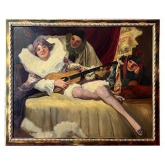 Antique Richard Geiger Large Oil on Canvas Master Painting Scene, Commedia Dell’arte