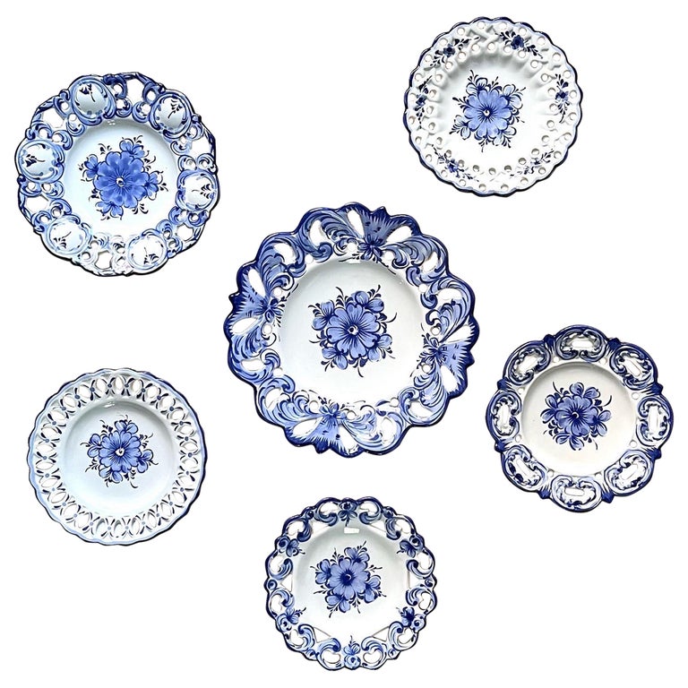 Set of Six Vintage Made in Portugal Blue and White Wall Plates For Sale