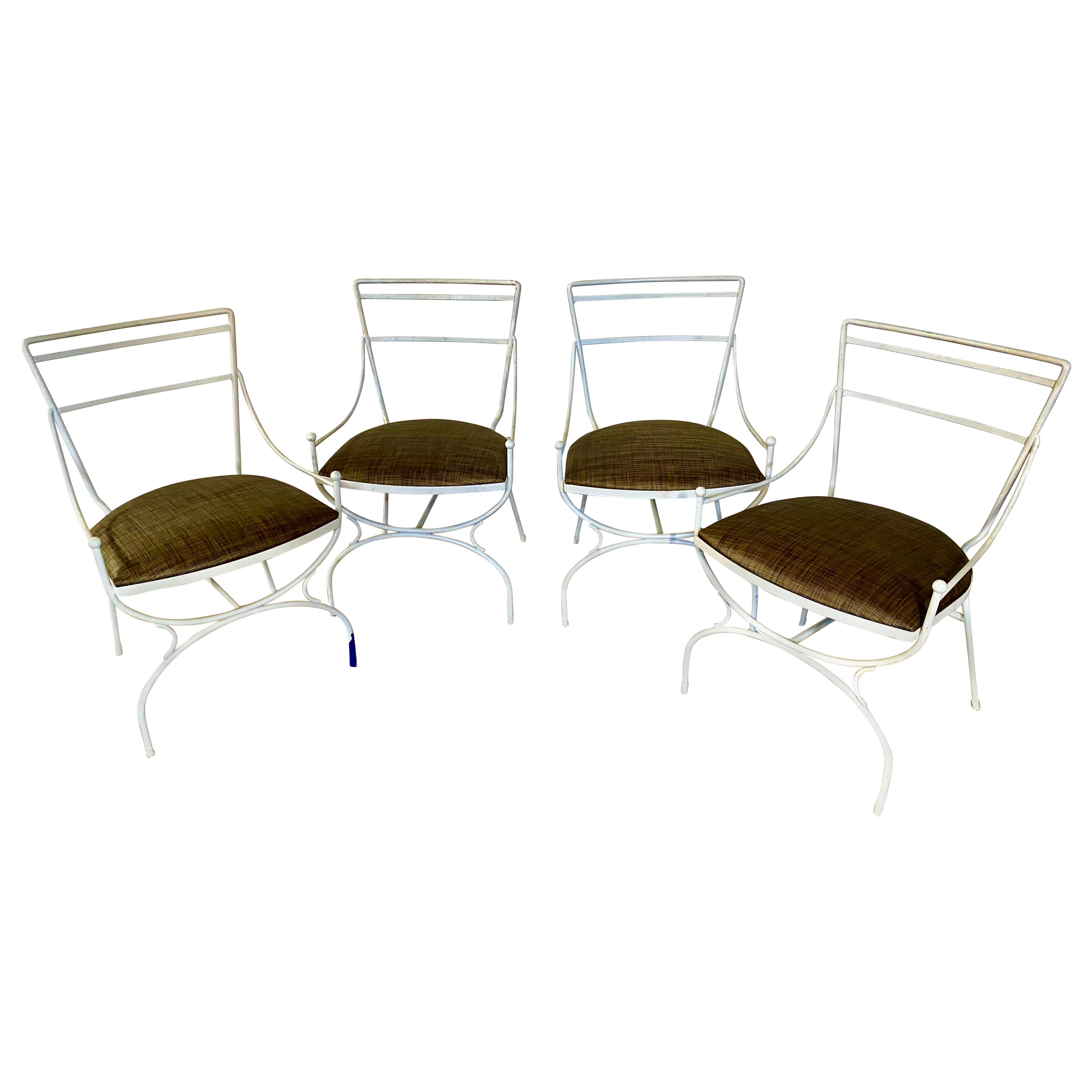 Set of 4 White Garden Metal Outdoor Dining Arm Chairs For Sale