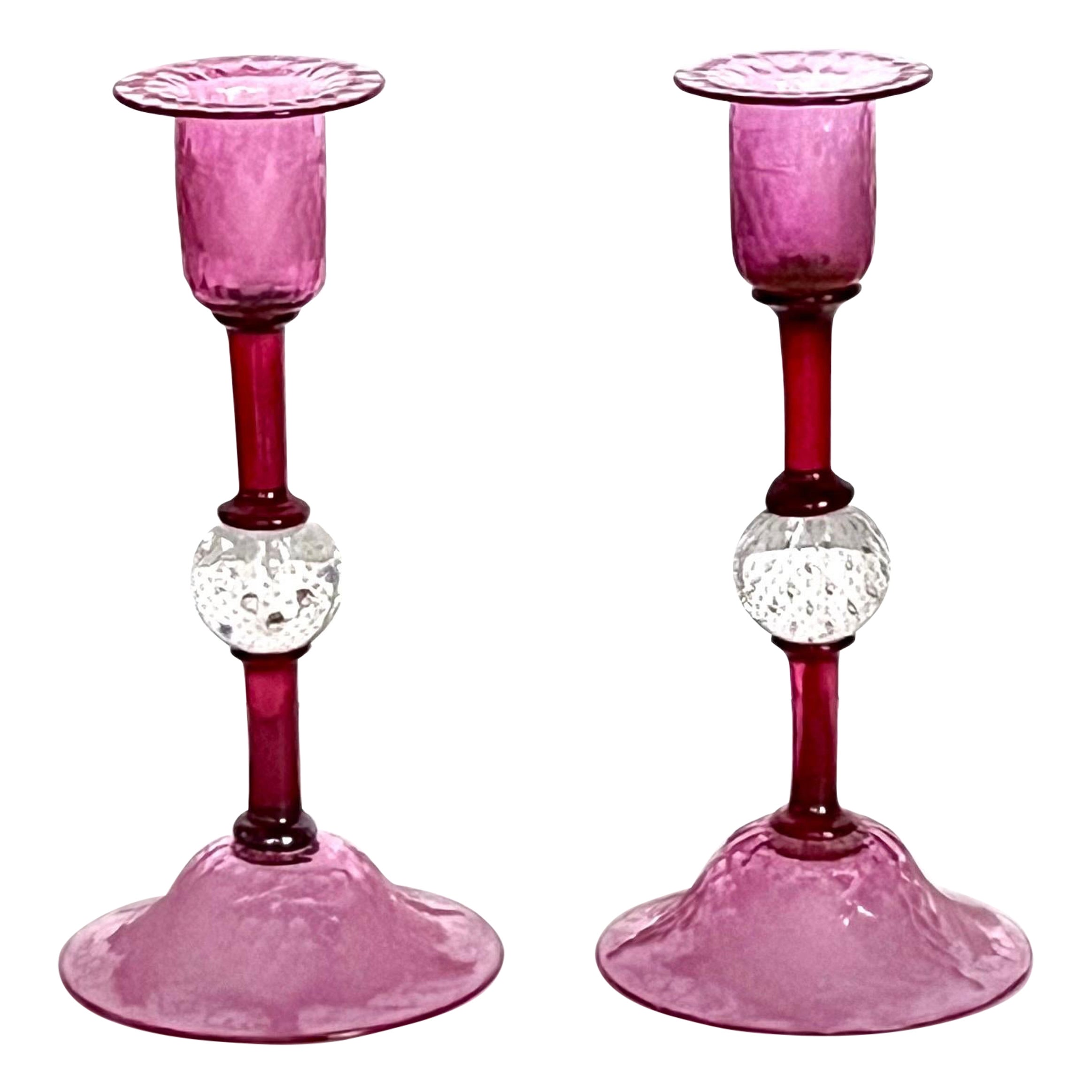 Pairpoint Engraved Cranberry Crystal Candlesticks, Controlled Bubble, C. 1930 For Sale