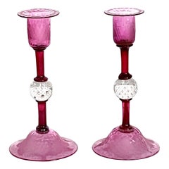 Pairpoint Engraved Cranberry Crystal Candlesticks, Controlled Bubble, C. 1930