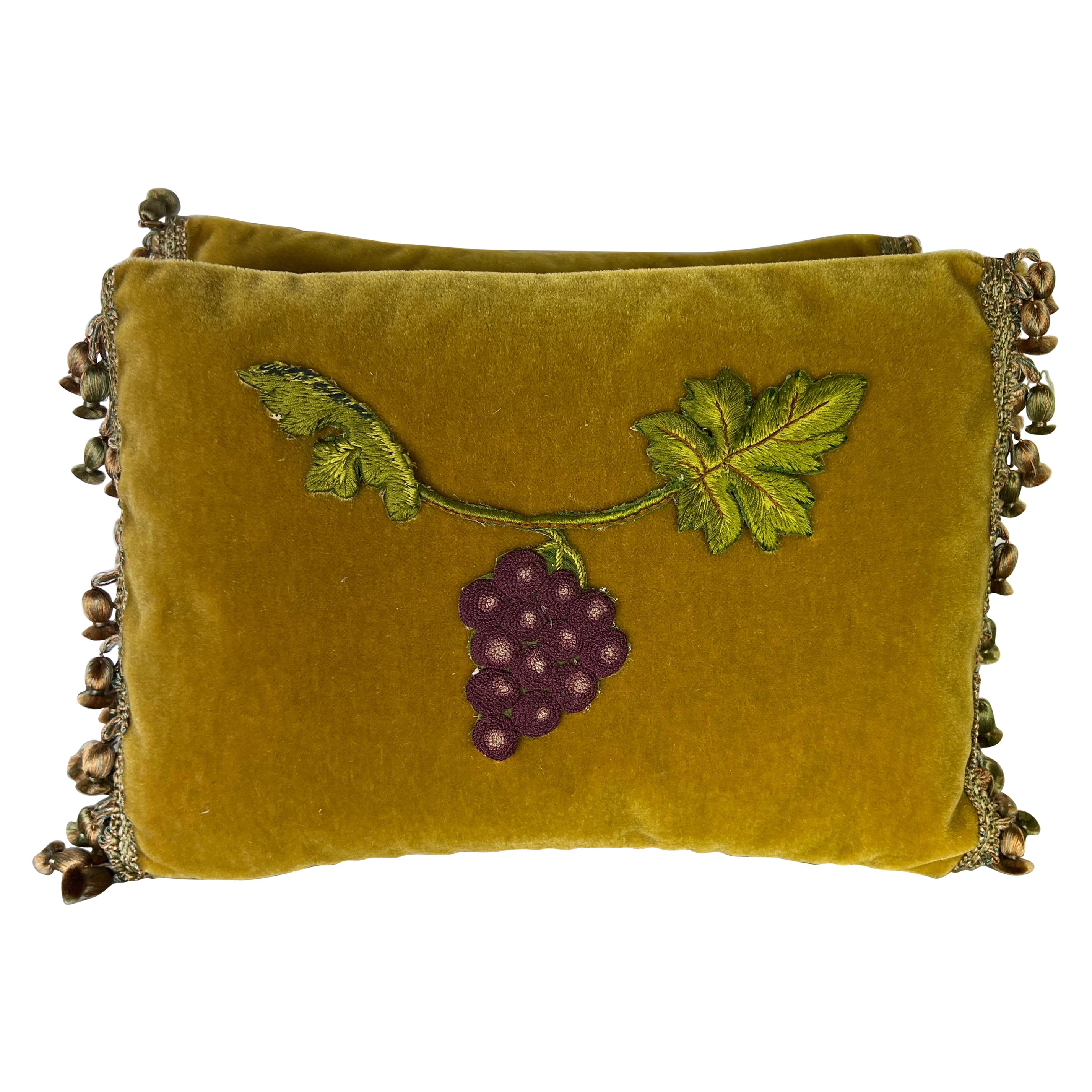 Pair of Appliquéd Mohair Pillows w/ Grape Vines For Sale