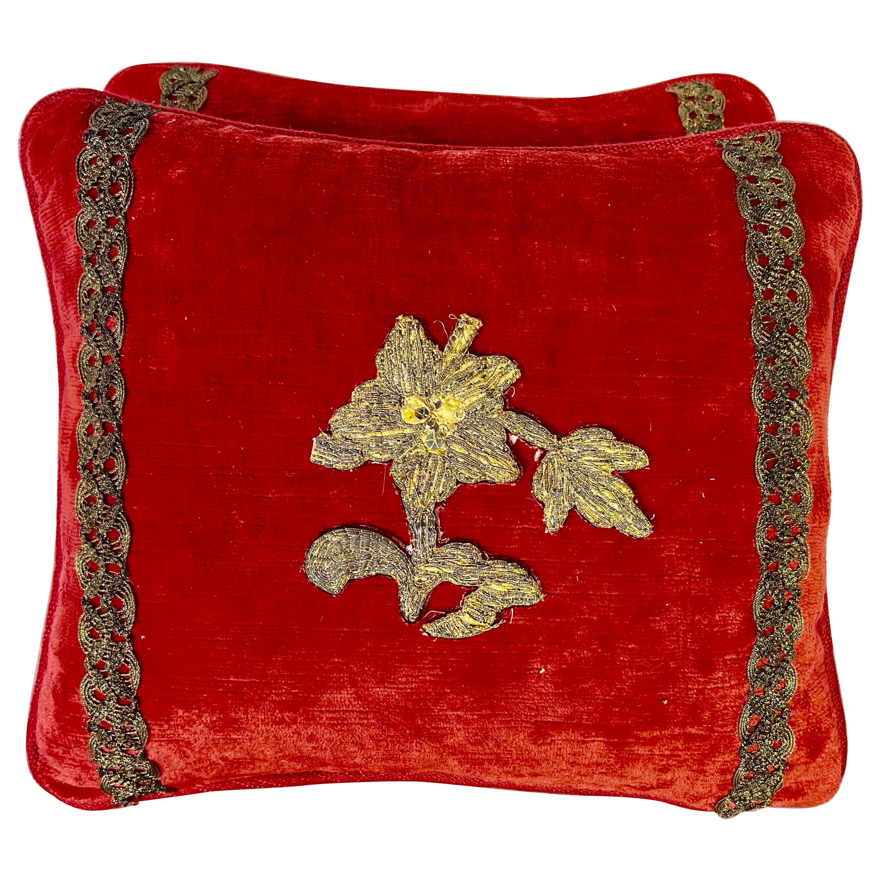Pair of Appliquéd Red Velvet Pillows by MLA For Sale