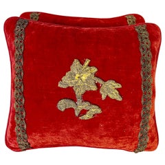 Antique Pair of Appliquéd Red Velvet Pillows by MLA