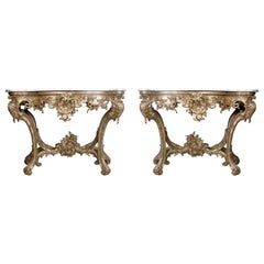 Superb Pair of 18th Century Italian Rococo Consoles with Marble Tops