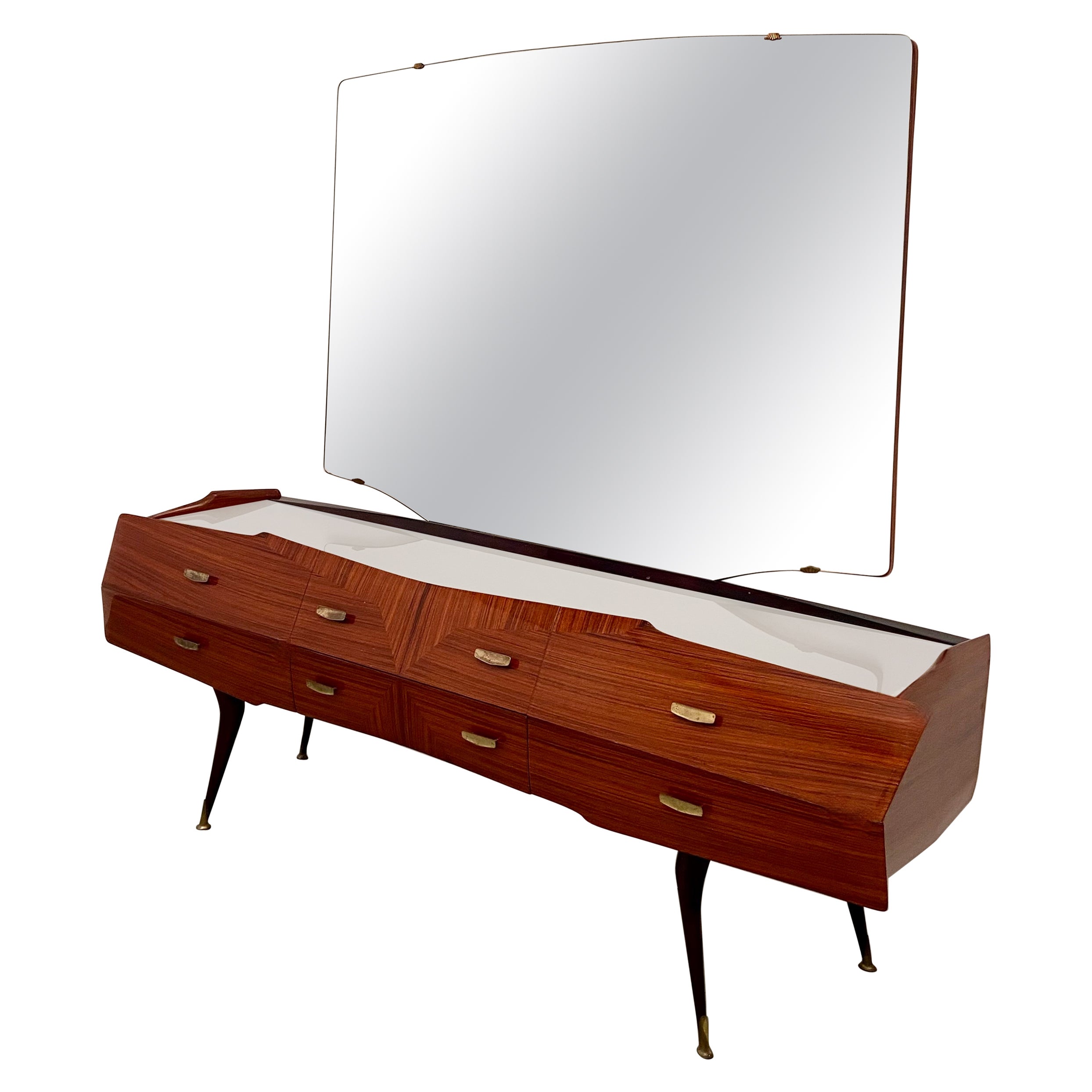 Vittorio Dassi Credenza with Mirror in Wood, Glass and Brass, Italy, 1960's For Sale
