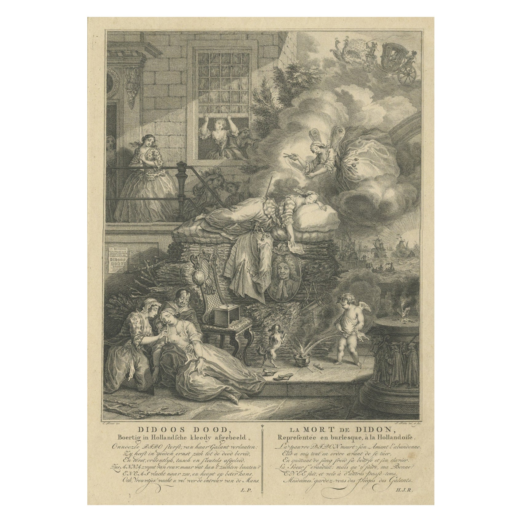 Antique Print of Dido's Death, a fantastic Dutch Burlesque