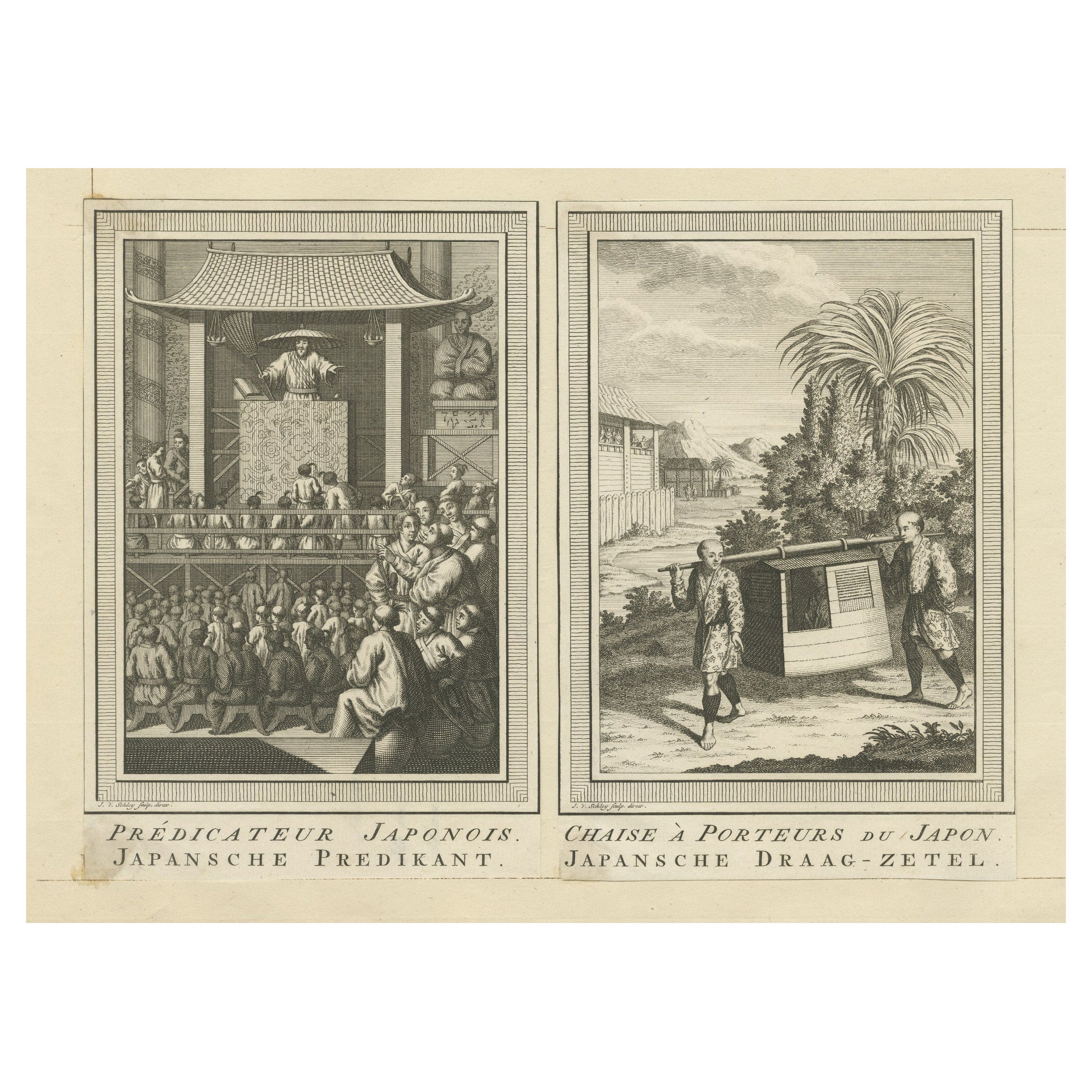 Antique Prints of a Japanese Minister and a Japanese Sedan Chair