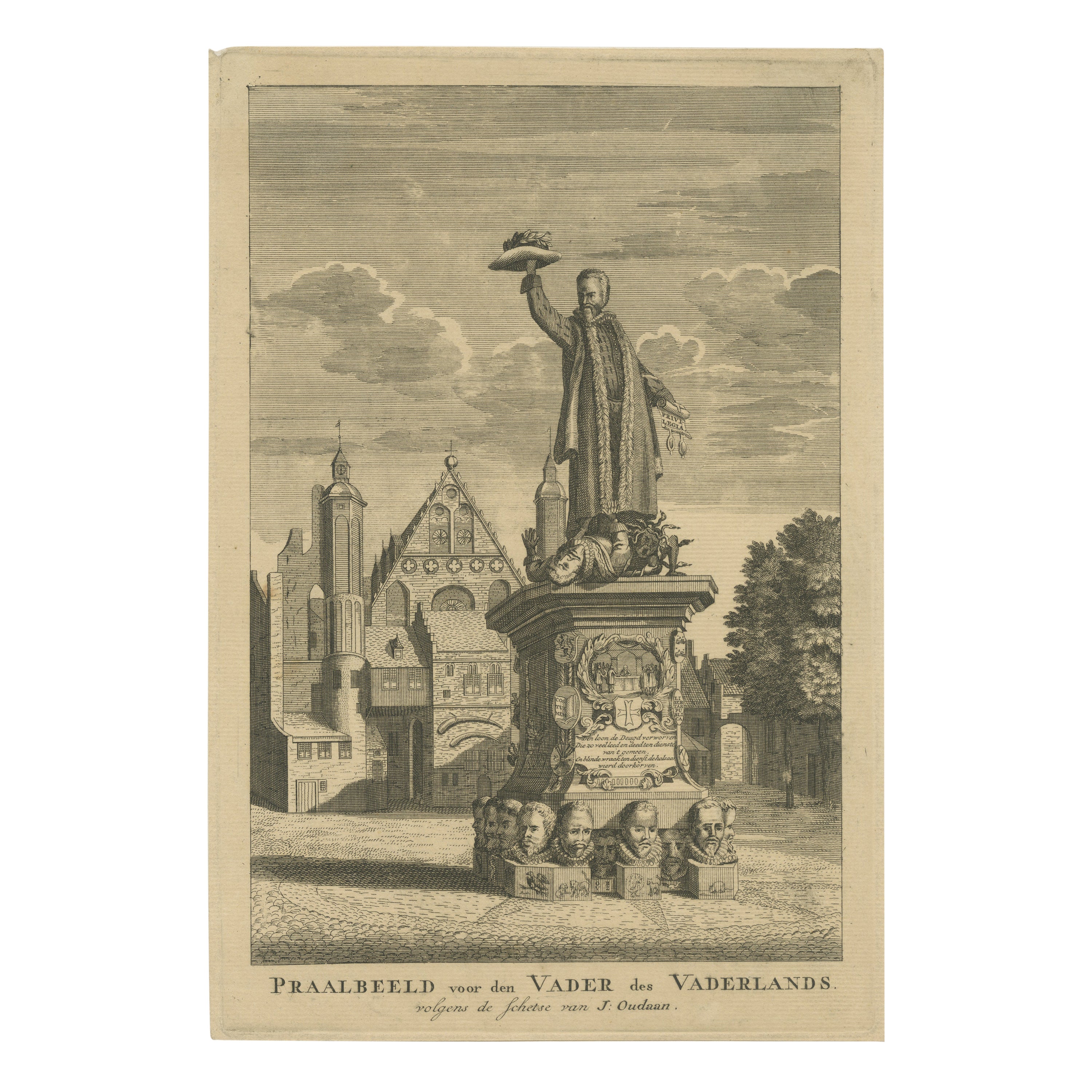 Antique Print of a Statue of Johan van Oldenbarnevelt, Binnenhof, The Hague For Sale