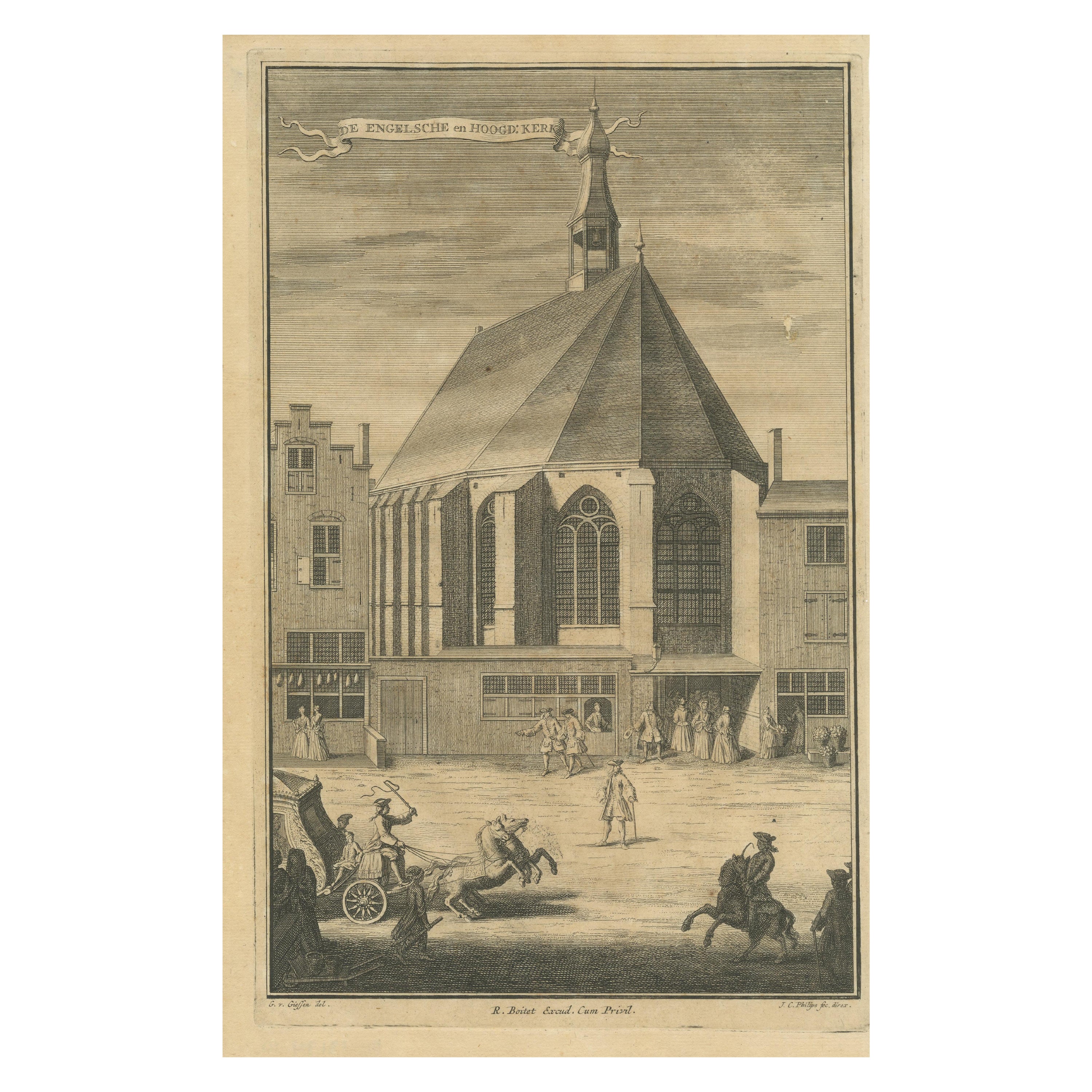 Antique Print of the English and German Church, the Hague For Sale