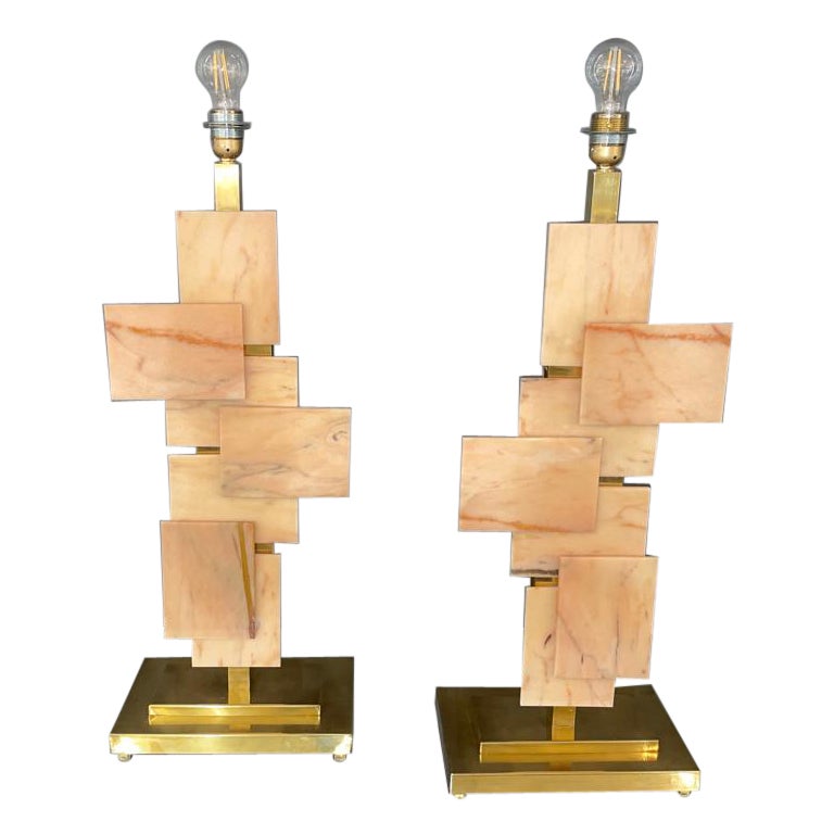 Pair of Italian Table Lamps in Pink Marble, Italy 1980s For Sale