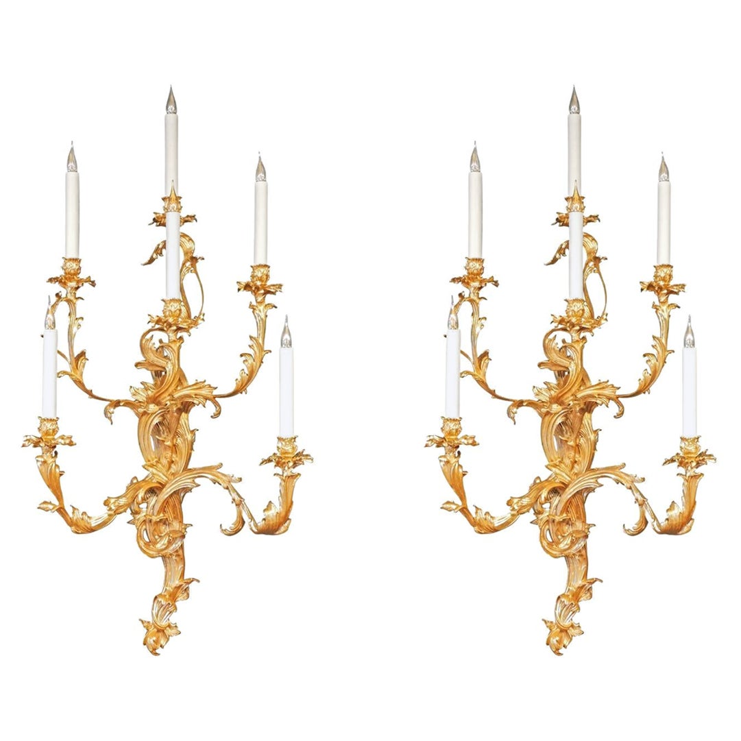 17th Century Pair of 6-Light Gilt Bronze Wall Lights Inspired by J.Caffieri For Sale