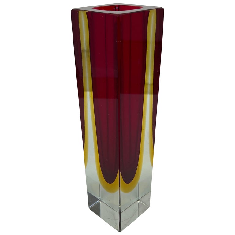 Alessandro Mandruzzato Hand Worked Red and Yellow Sommerso Block Vase For Sale