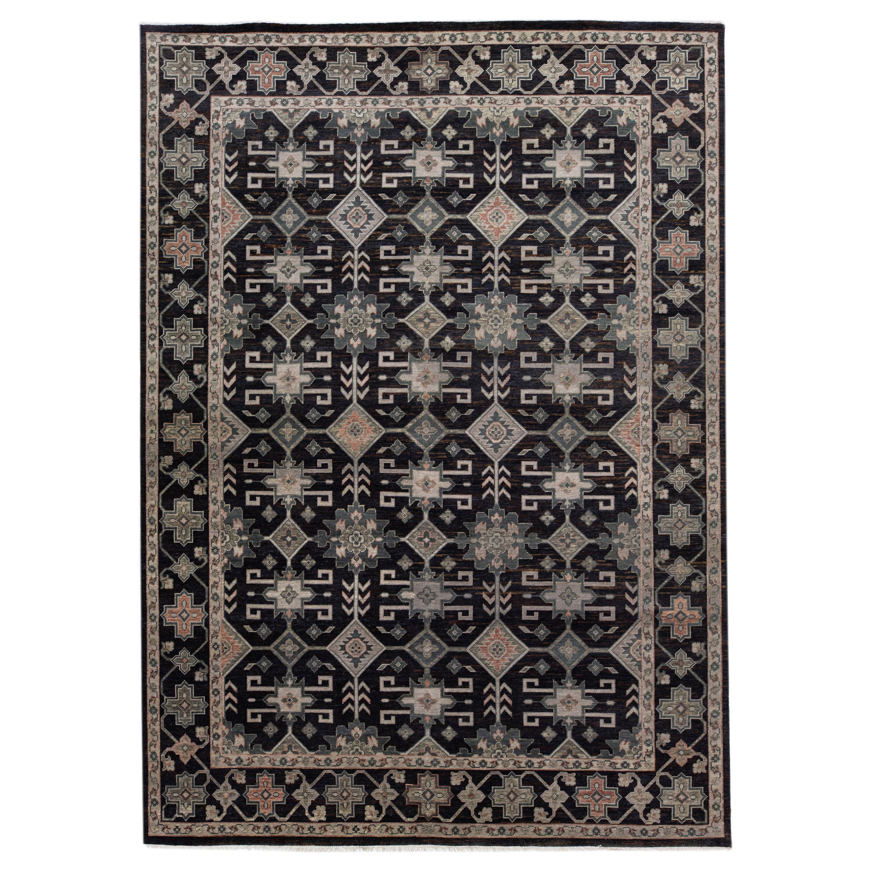 Modern Turkish Oushak Style Handmade Charcoal Wool Rug with Geometric Design