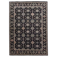 Tapis moderne turc de style Oushak en laine anthracite fait à la main avec motif géométrique