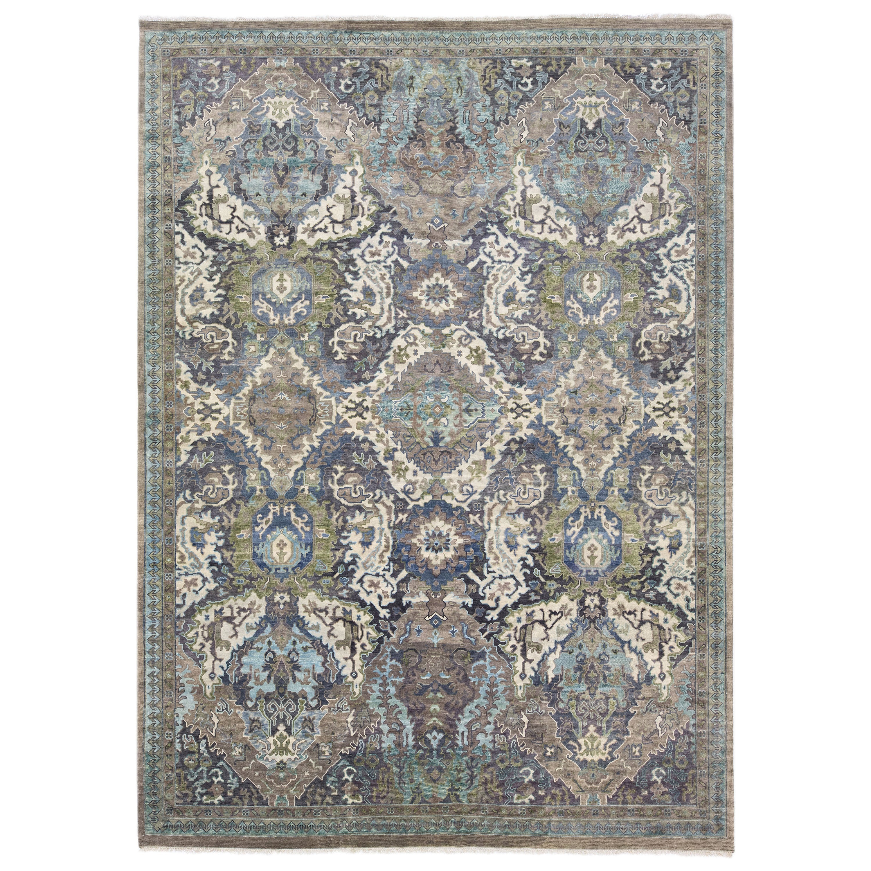 Modern Turkish Oushak Style Handmade Gray & Blue Wool Rug with Allover Pattern For Sale