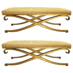 Pair of French Mid-Century Modern Neoclassical Gilt Iron Benches