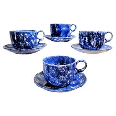 19th C Sponge Mush Cups and Saucers, Set of Four