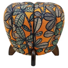 Jindrich Halabala Art Deco Stool, Leaf Pattern, Pouf, Ottoman, Footstool, 1930s